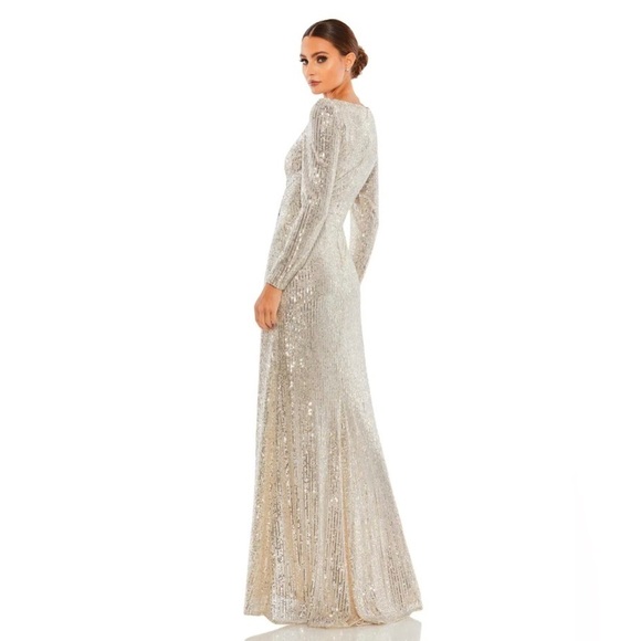 NWT Mac Duggal Silver Sequin Ruffle Hem High Slit Maxi Dress Size 8 - Picture 2 of 12